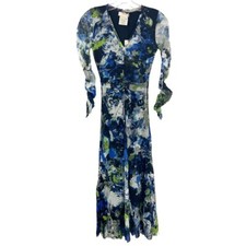 NEW Fuzzi Floral Mesh Midi Dress Ruched Sleeves V-Neck Black Blue Artsy Size XS