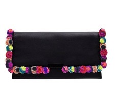 NEW Loeffler Randall Black Leather Pom Pom Tab Clutch Handbag Z70-70