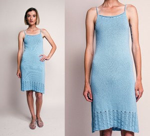Vintage-Y2K-Benneton-Baby-Blue-Croche-Trico-Vestido-Midi-Vestido-De-Verao