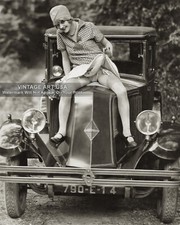Vintage 1920s 8x10 Print Woman on Car Hood Lifting Her Skirt Garter Stockings