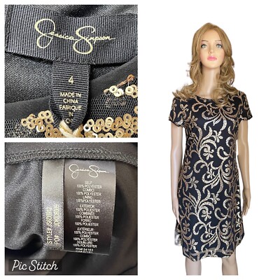 black and gold sequin shift dress Sequin Embellished Crepe Shift Dress