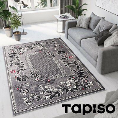 Teppich Kurzflor Grau Creme Modern Blumen Blätter Karo Designer Wohnzimmer Neu