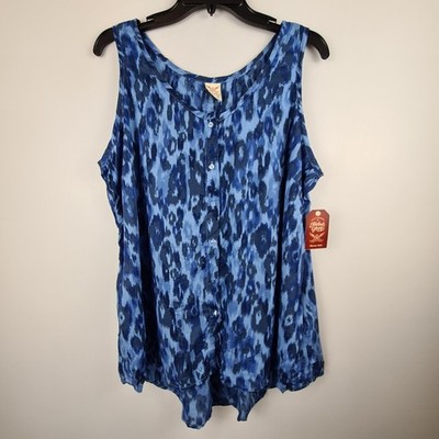 Faded Glory Blue Animal Print Flyway Tank Top Button Front Plus Size XL 16-18