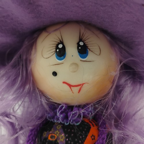 Whimsical Halloween Witch Fabric Body Tabletop Décor 15" Doll Wooden Stool - Picture 3 of 13