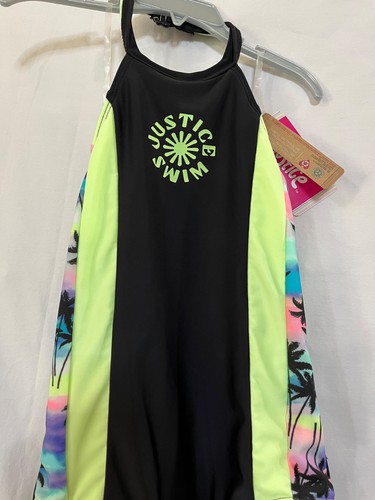 JUSTICE Girls Tropical Swimsuit 1 Pc Halter Black Green Many sizes NEW - Picture 6 of 10