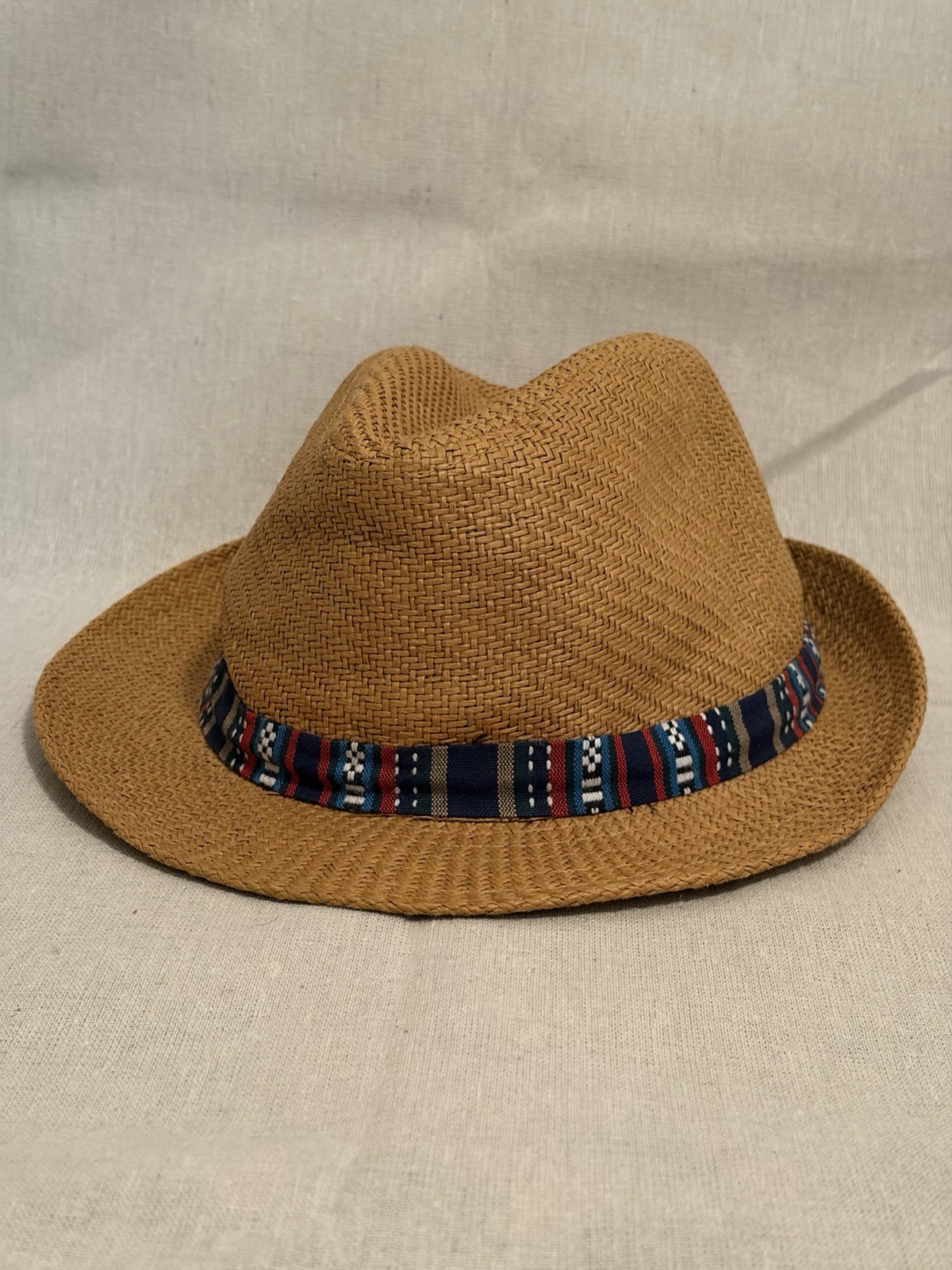 American Eagle Tan Woven Straw Fedora Hat Colorful Patterned Band Unisex