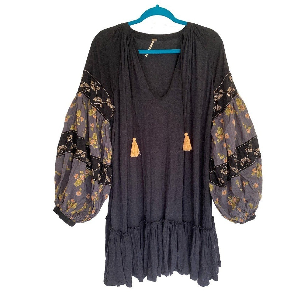 FREE PEOPLE Floral Beaded Embroidered Boho Tunic Blouse Dress Size L