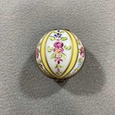 Limoges France Peint Main Round Ball Shape Sphere Floral Trinket Box  AA53