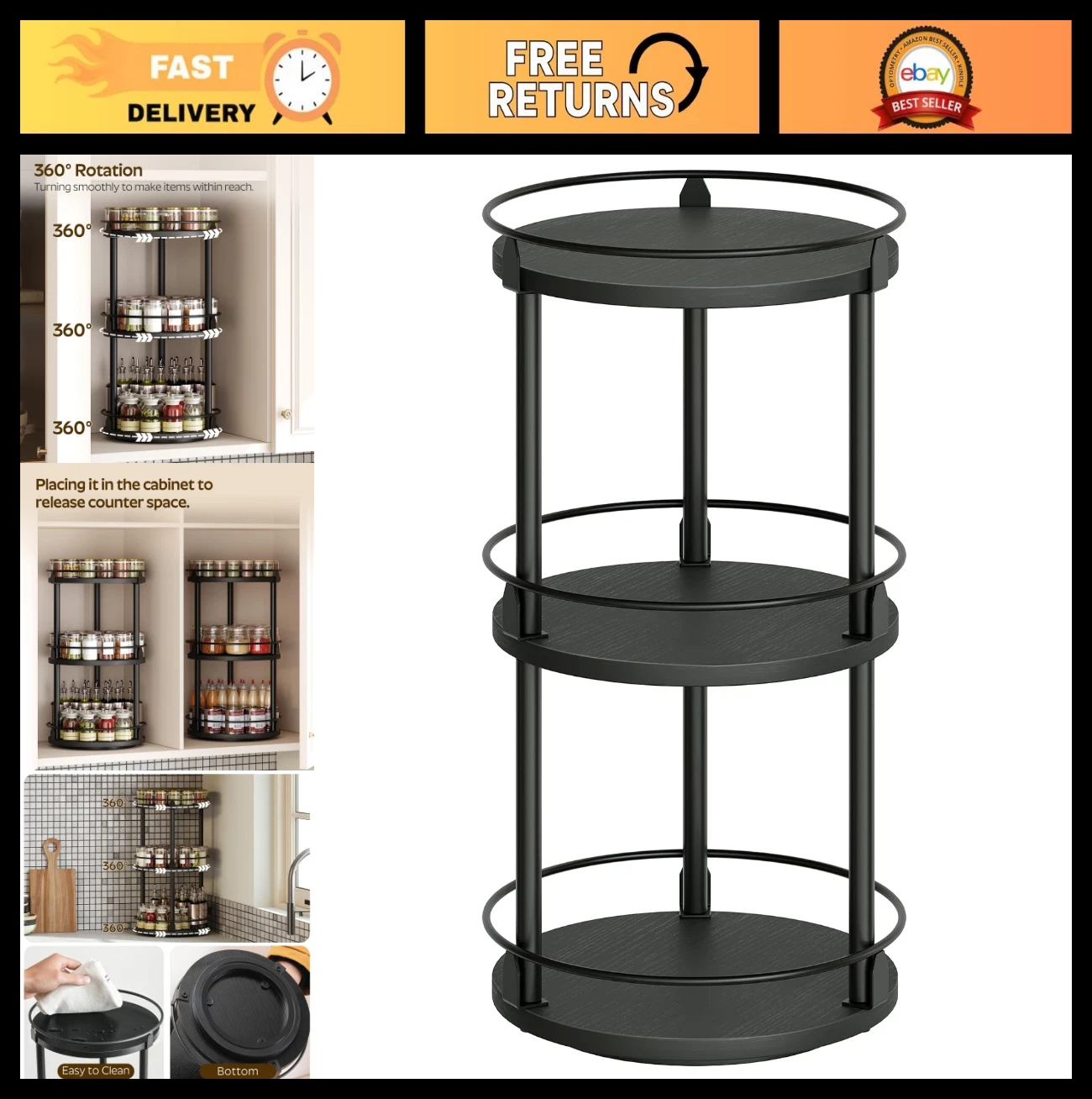3-Tier Rotating Spice Rack Organizer - Lazy Susan Turntable for Kitchen, Pantry,