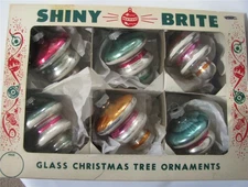 Vintage Shiny Brite Glass Xmas Ornaments Spin Tops Tornados  lot of 6 Box  50's