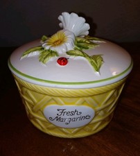 Cuenco de mantequilla margarina fresca cerámica con tapa amarillo cesta floral Daisy's Ladybug