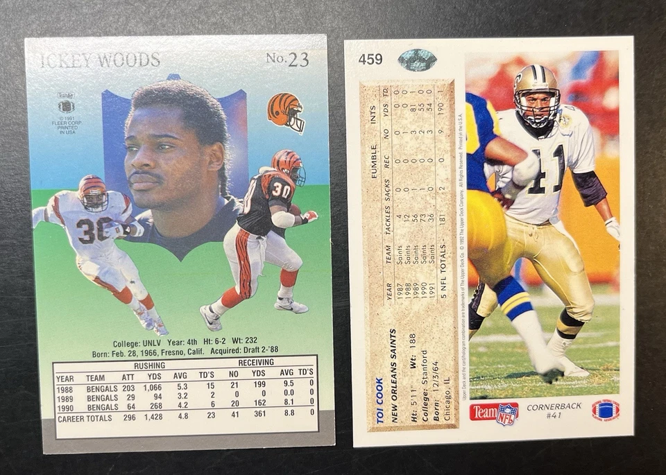 2 Vintage 1991 NFL Ickey Woods Cincinnati Bengals, Toi Cook New Orleans Saints - Image 2 of 2