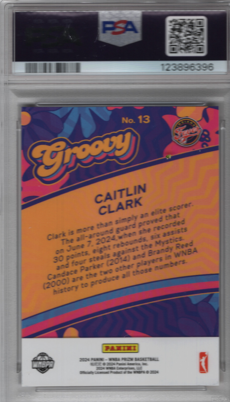 2024 Prizm WNBA Caitlin Clark (Groovy) Rookie Card Insert #13 (PSA 9) view 2