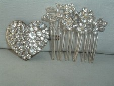 VINTAGE FAUX PEARL  RHINESTONE METAL SLIDE HAIR COMB  HEART BARRETTE