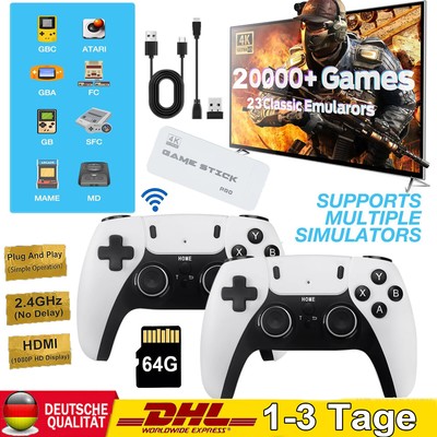 Retro Videospielkonsole 4K HD 20000/30000+ TV Spiel Stick 64GB+2x Gamepad