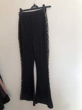 Pretty Little Thing Black Stretch With Leopard Print Trim Trousers Size 10