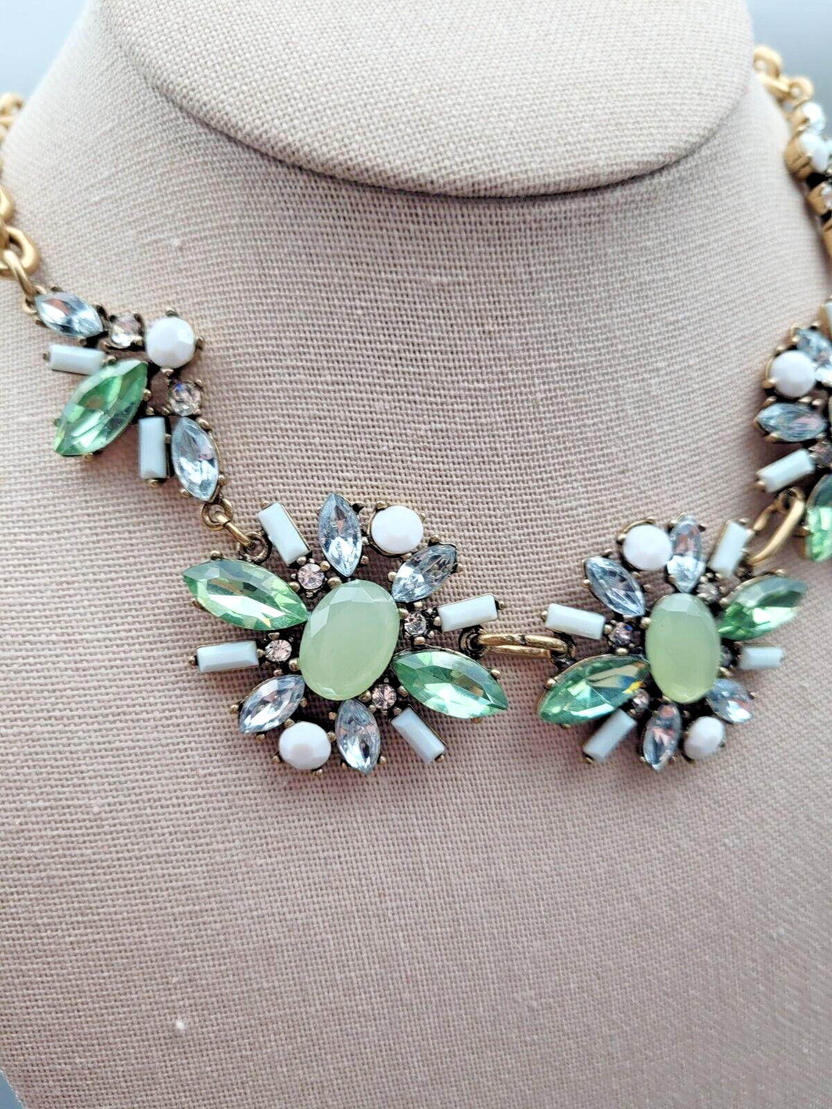 Statement Necklace Bib Mint White Rhinestones Gol… - image 3