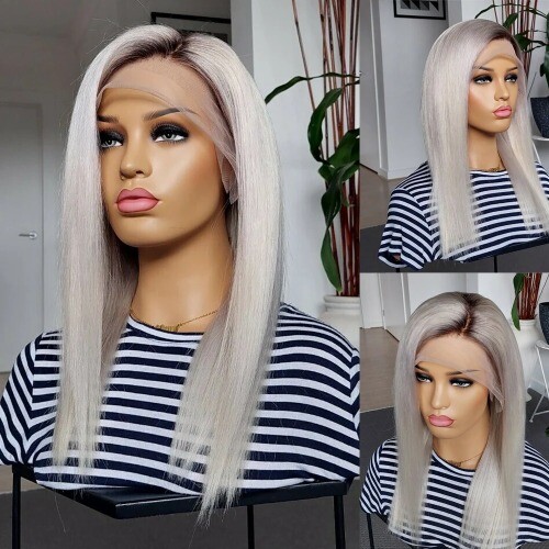 Ombre Platinum Lace Front Wig Human Hair Wig Grey White  display picture 2