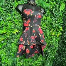 San Joy Dress Women Large Black Floral Fit Flare Layered Hem 1201