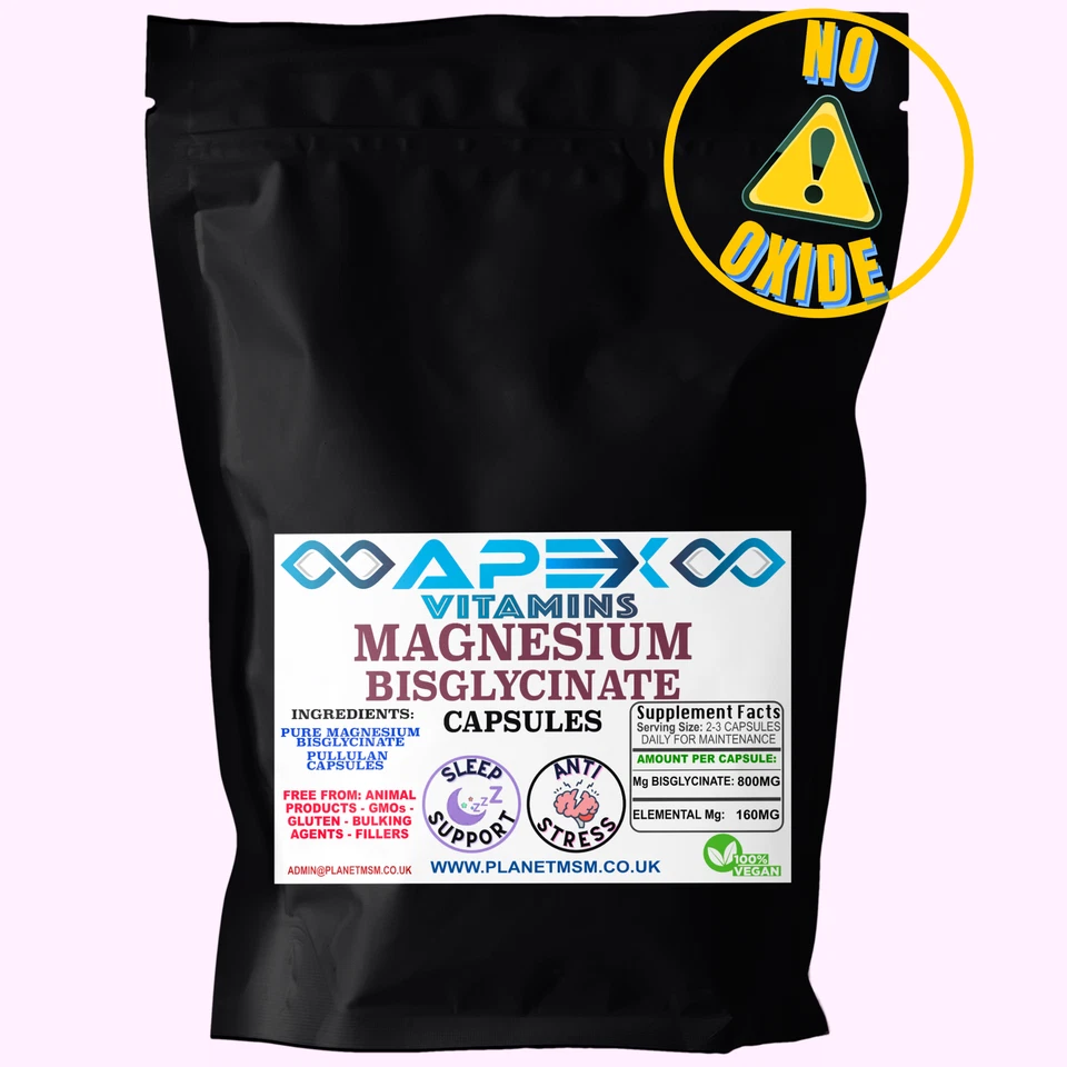 APEX VITAMINS Magnesium Bisglycinate Capsules 800mg - 20% Elemental - No Fillers/Additives