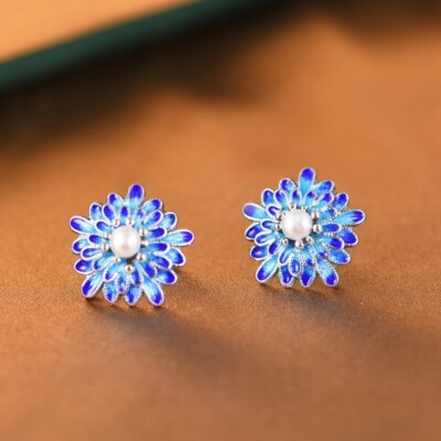 L05 Earrings Blue Flower with Freshwater Pearl Silver 925 Stud Earrings