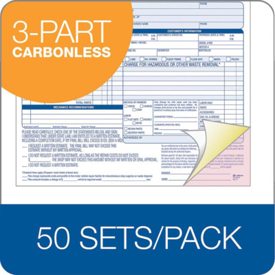 Auto Repair Order Book, 3-Part Carbonless, All Auto Service Jobs Details 50 Sets