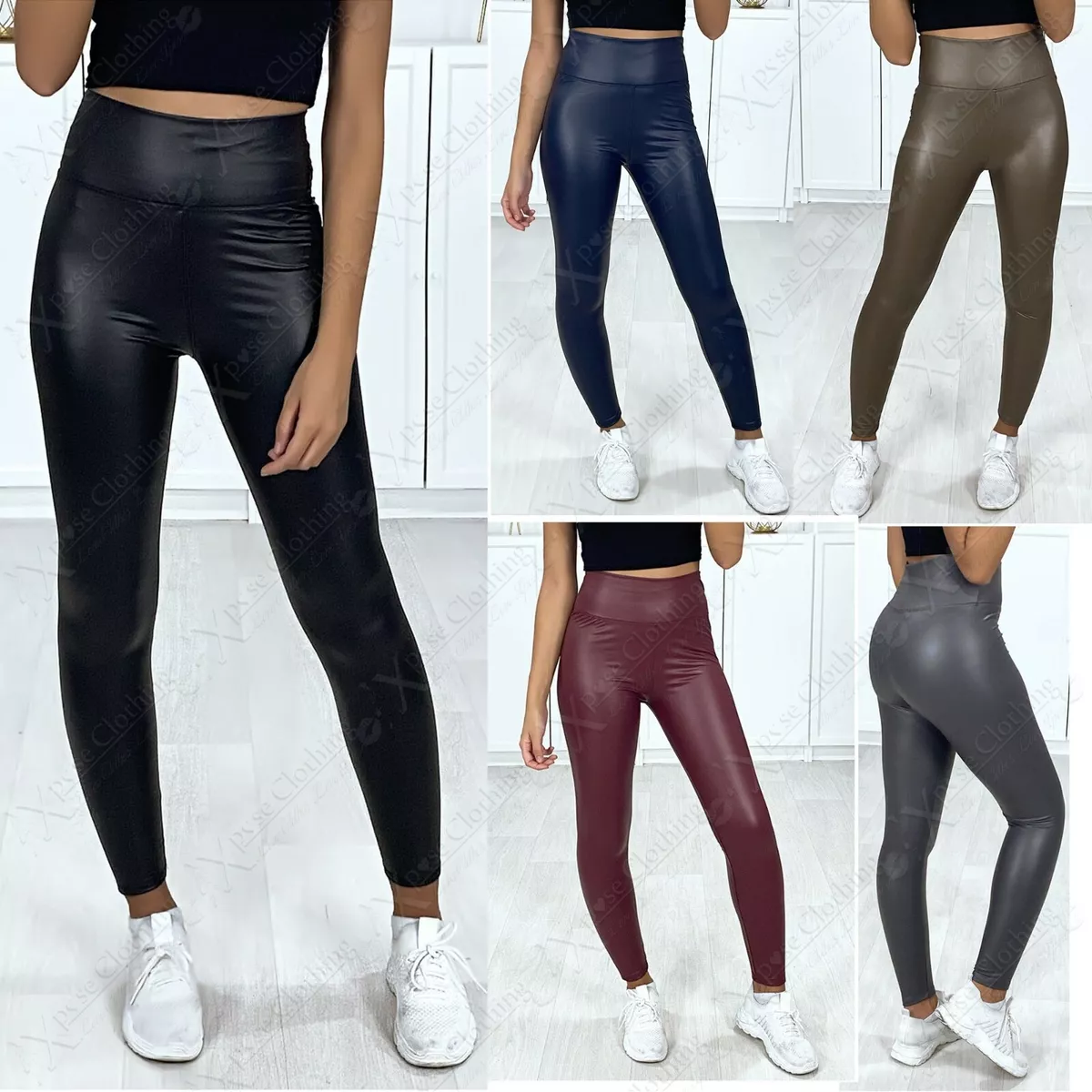 Women Wet Look Leather Yoga Pants Skinny Trousers PU High Waist Stretch  Leggings