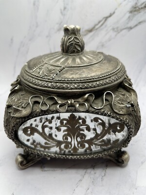 Heavy Embossed Etched Mirrored 4 sided Footed Box w/Beaded Detail Lid