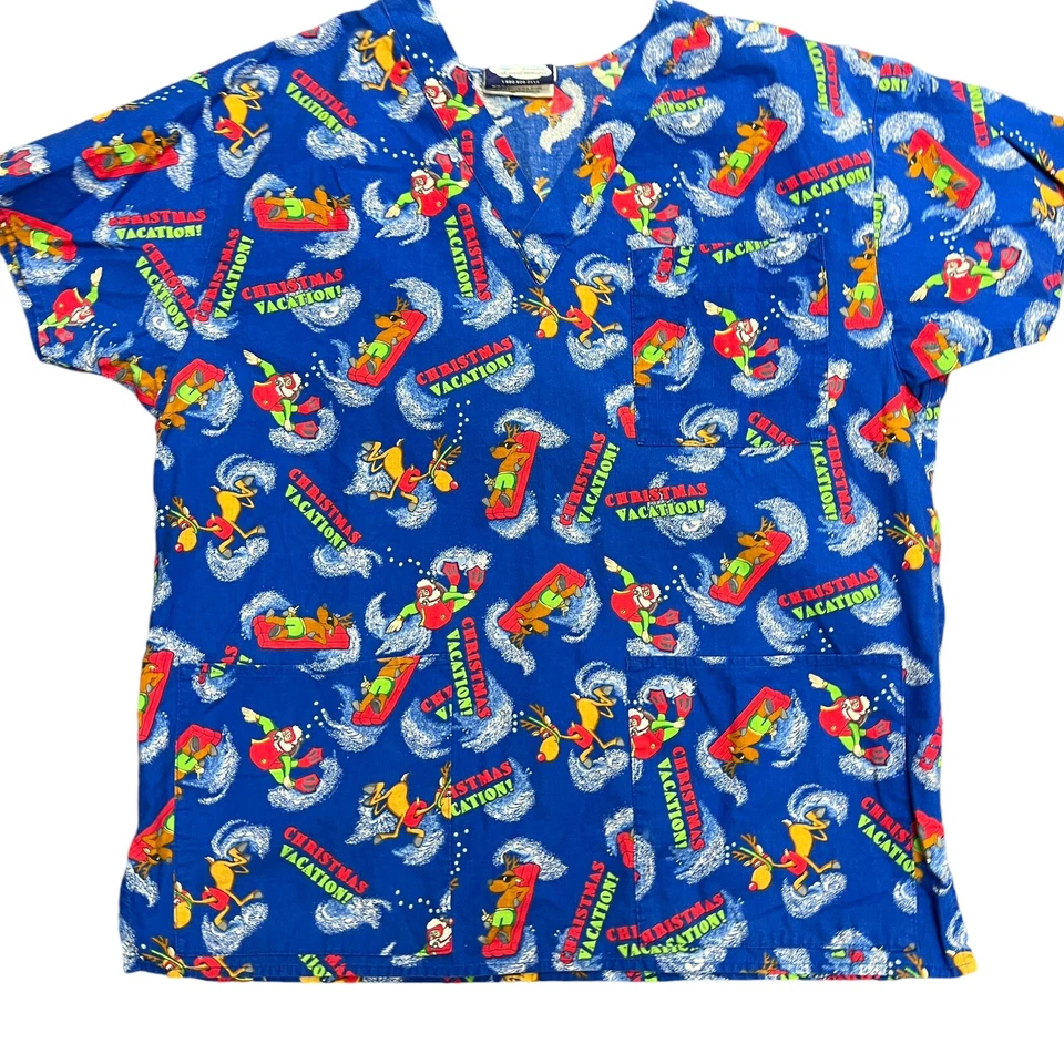 Womens Christmas Scrub Top Set of 2 Medium Rudolph & Vacation Santa V Neck - Image 3 of 4