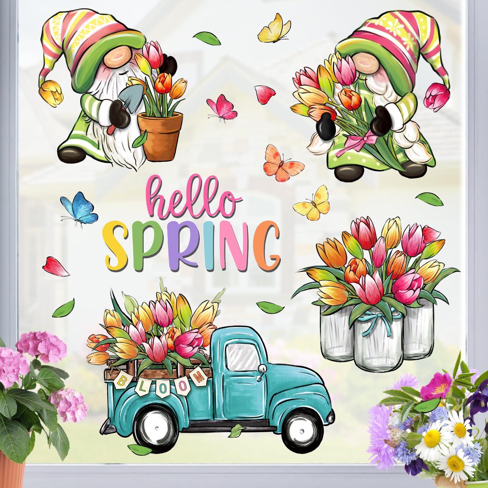 Mfault Hello Spring Gnome Window Clings 4 Sheets Tulip Flower Teal Truck Maso...