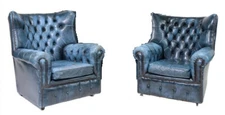 Chairs, 2, Wing Back, British, Blue Leather, Chesterfield, Set of 2!