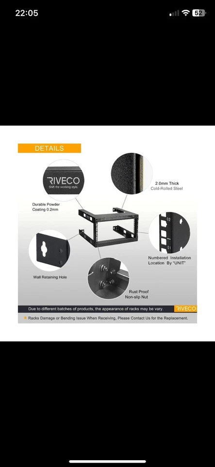 RIVECO 4U 19" Wall Mount Network Rack – 17.7" Deep 2 Post Open Frame Cabin - Image 4 of 4