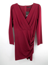 NWT SARIN MATHEWS Midi Bodycon Dress Women Medium Burgundy Ruched V-Neck Party