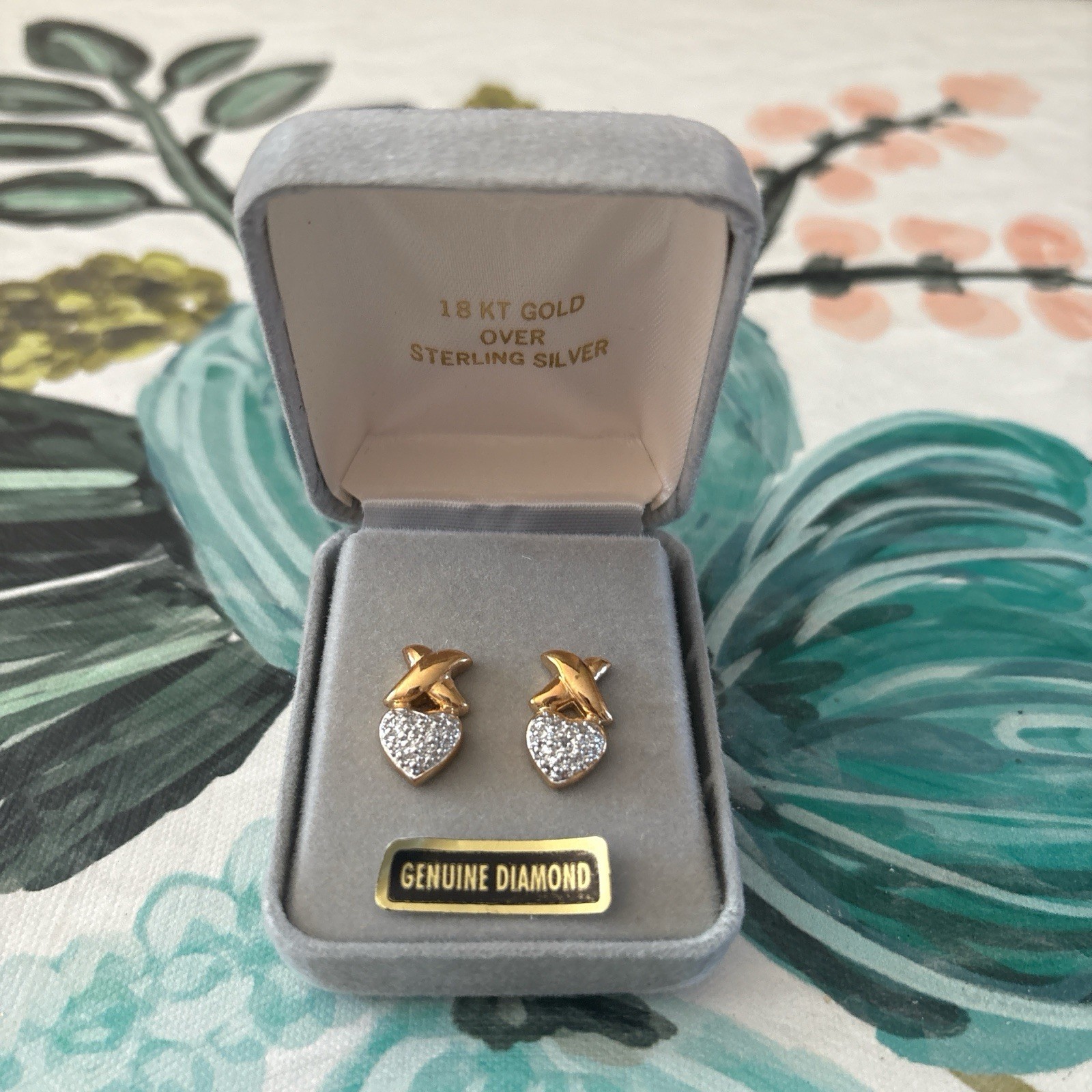 18k Gold Plated Sterling Silver Heart Stud Earrings with Diamonds