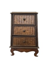 Woven Rattan 3 Drawer Chest  Jewelry Holder Counter Top Wood Curved Legs 13.25”T