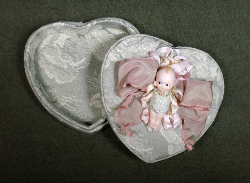 heart shaped KEWPIE KEEPSAKE fabric BOX all bisque DOLL figure ARTIST REPRO?
