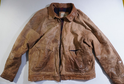 Vintage St Johns Bay Leather Jacket Mens XL Brown Flannel Lined Zip Up