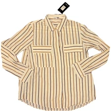 Studio Nova Go To Work M Stripe Shirt Button Up Pockets L/S Cream Camel Navy NWT