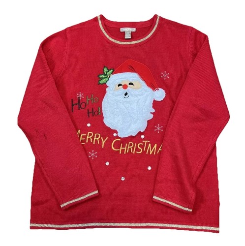 White Stag Ugly Christmas Sweater Women's Sz Large Santa Red Gold Pullover - Picture 1 of 13