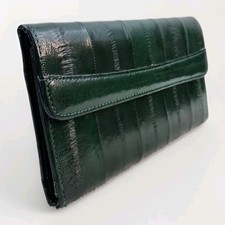 Vintage 1989s Genuine Eel Skin Green Tri-fold Wallet