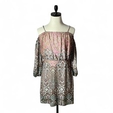 Wrangler Brown Paisley Print Off Shoulder Dress 3/4 Sleeve Bohemian Medium