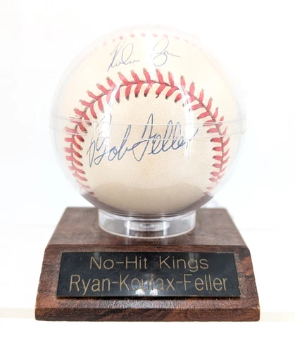 Vintage "No Hit Kings" Ryan Koufax Nolan Ryan Bob Feller Autographed Baseball