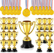 48 Pcs Mini Trophies and Medals Awards - 24 Pack 3.5 Inch Gold Plastic Trophy Cu