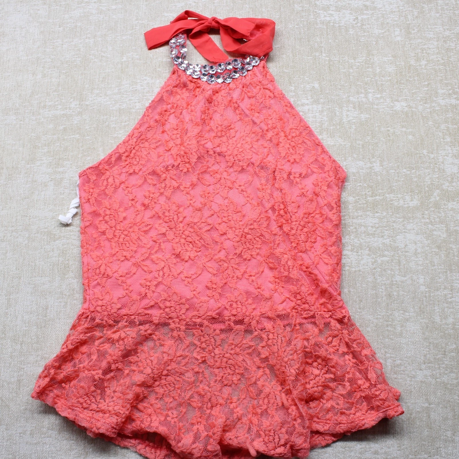 Top blusa donna Celine By Champion grande pizzo sovrapposto collo pietra preziosa corallo