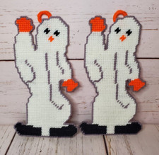 Vintage Needlepoint Halloween Ghost Pumpkin 10" Hanging Decoration Handmade 2 Pc