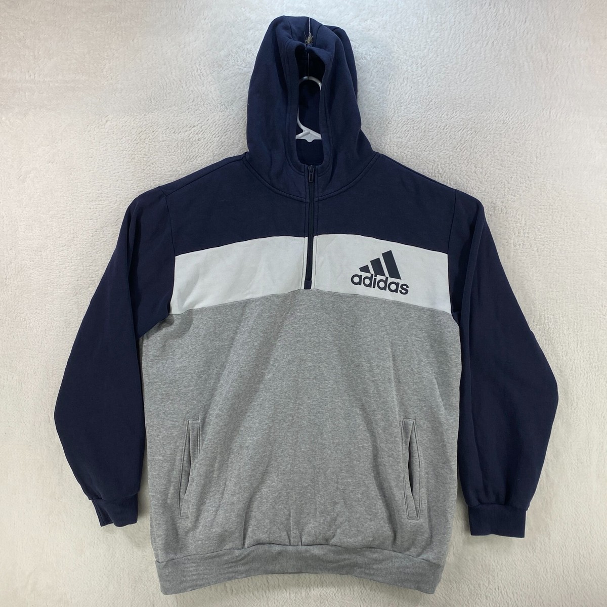 ADIDAS 1/4 Quarter Zip Hooded Hoodie Blue White Gray Sweatshirt w