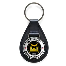 United States Army Quarrying Specialist Black Leather Keychain Silver Keyring