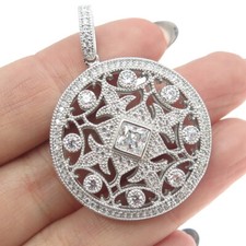 925 Sterling Silver Round-Cut C Z Fleur de Lis Round Pendant