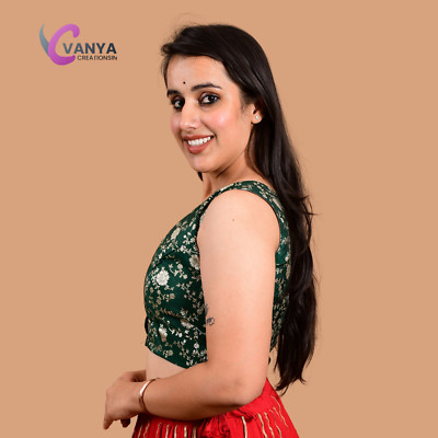 Banarasi Brocade Green Readymade Sleeveles Saree Blouse Top for Women