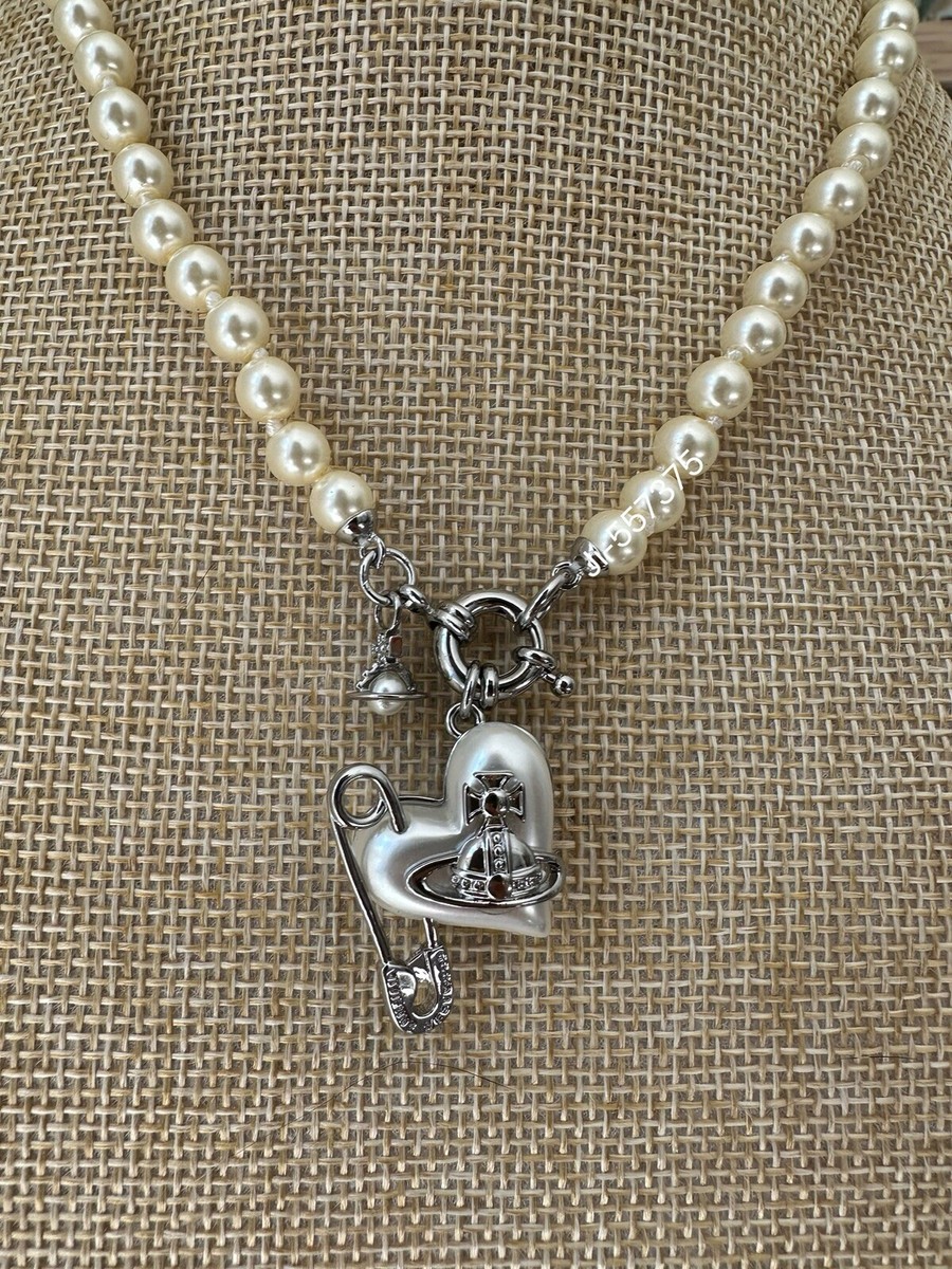 Vivienne Westwood Orbit Heart Pin pearl necklace silver | eBay